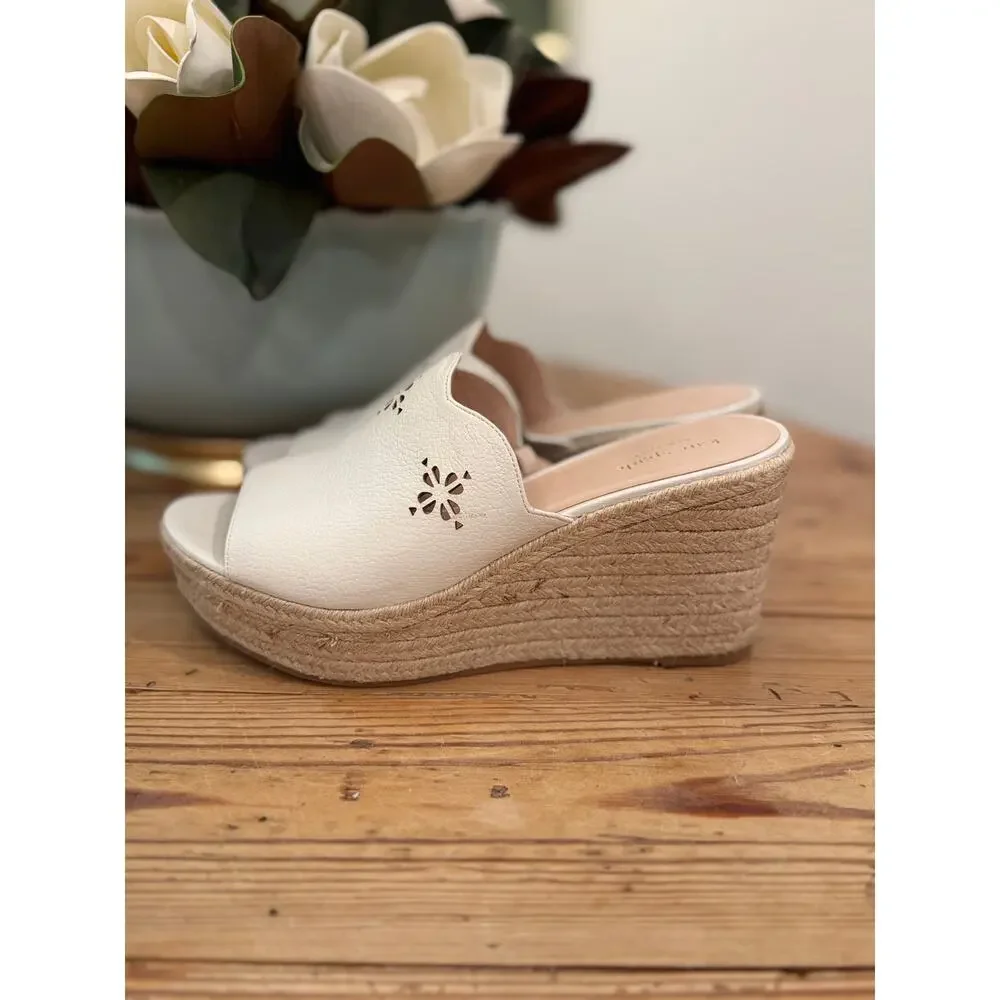 Kate Spade White Leather Espadrille Wedge Slide Sandals Laser Cut Size 10M
